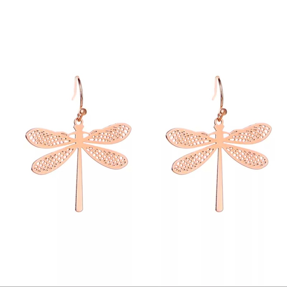 Alloy fishhook back dragonfly earrings. Silver and rose gold in color. New